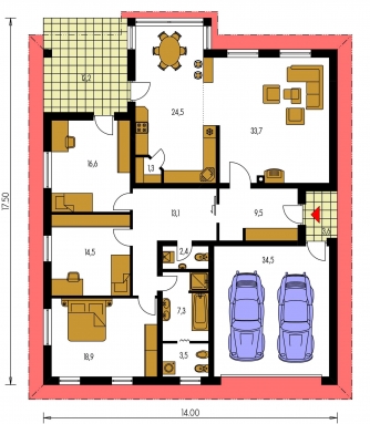 Spiegelverkehrter Entwurf | Grundriss des Erdgeschosses - BUNGALOW 45